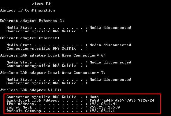 ipconfig to view Network adapters
