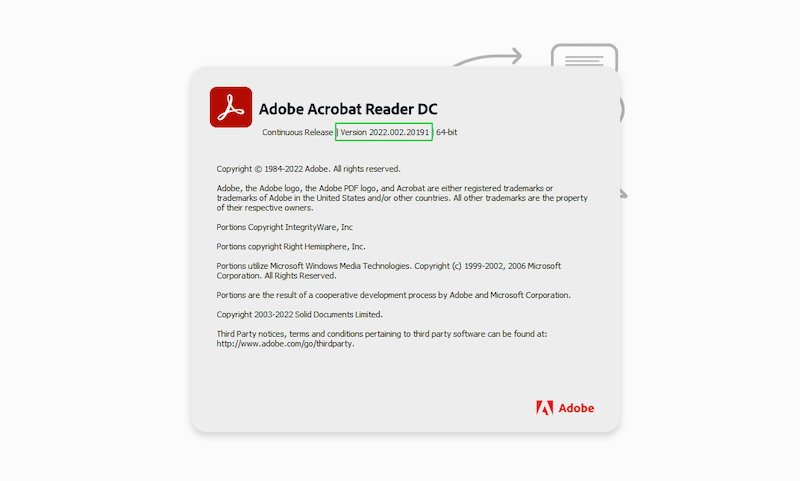 Adobe Acrobat Reader DC product version