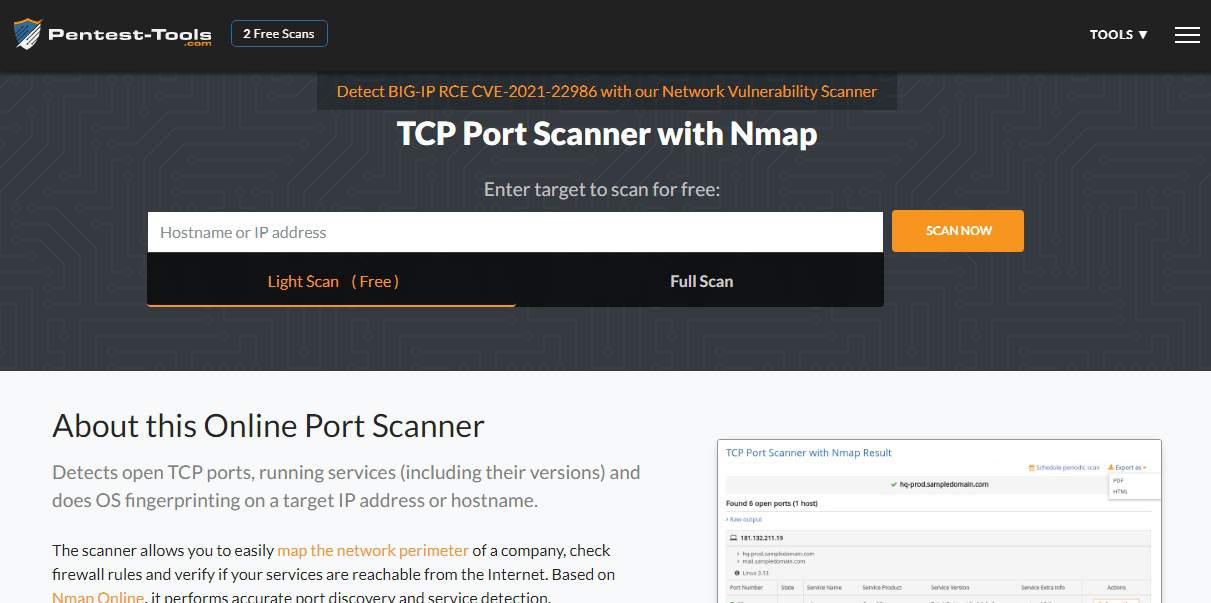 Pentest-Tools TCP Port Scanner with Nmap