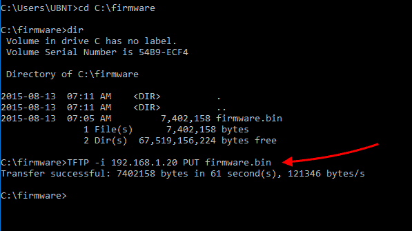 command TFTP -i 192.168.1.20 PUT firmware.bin