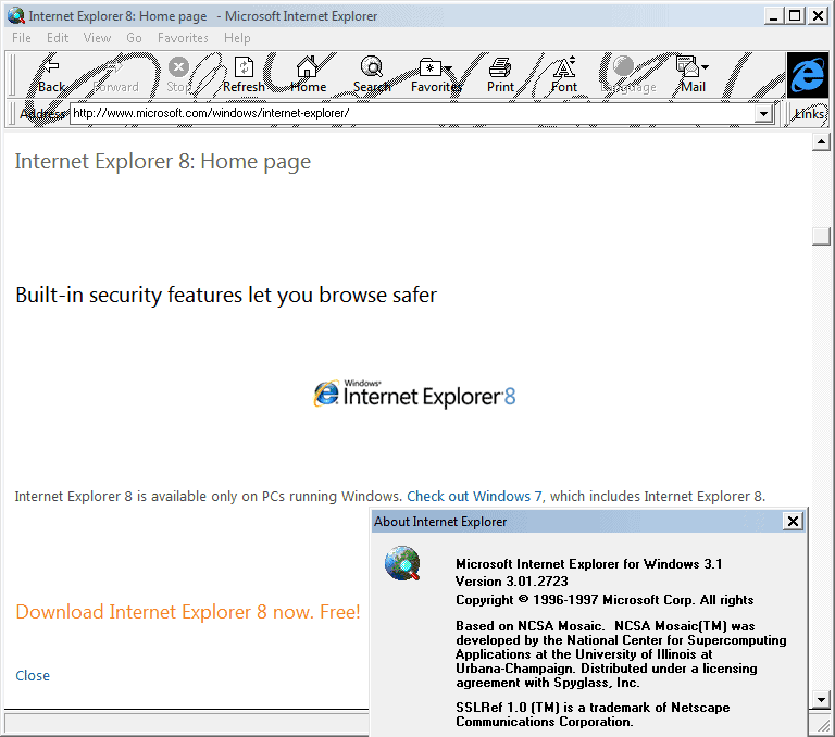 Internet Explorer 3.01 (3.01.2723) in Windows 7
