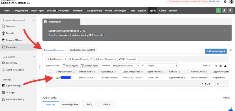 Approving the agent installation on ManageEngine Endpoint Central