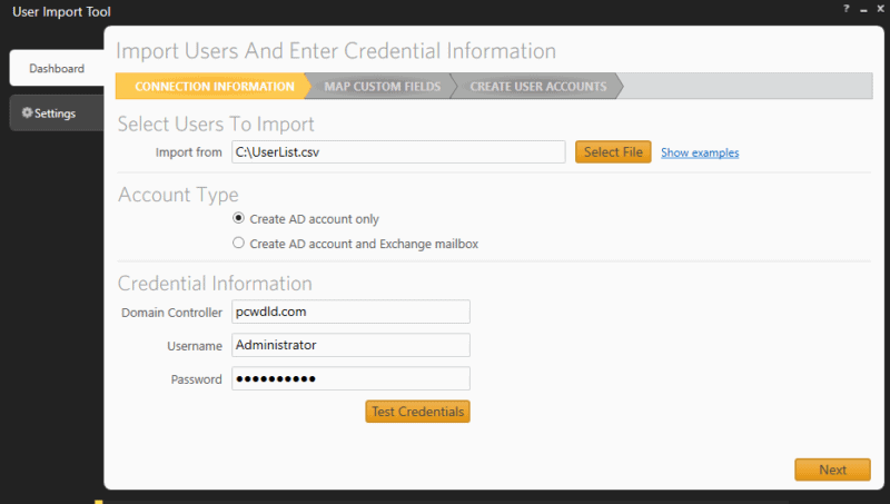 SolarWinds User Import Tool - Provide the Credential Information