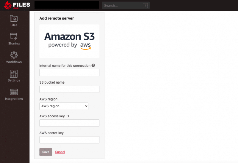 Internal name for this connection, S3 bucket name, AWS Region, AWS access key ID, and AWS secret key