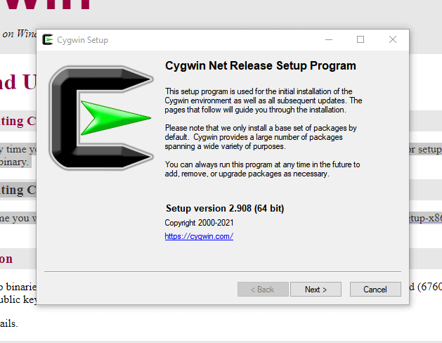 Install by running the Cygwin setup