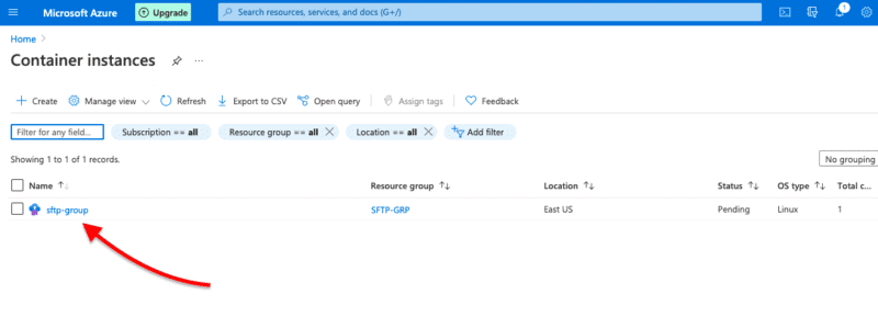 Microsoft Azure 'Container Instances' screenshot
