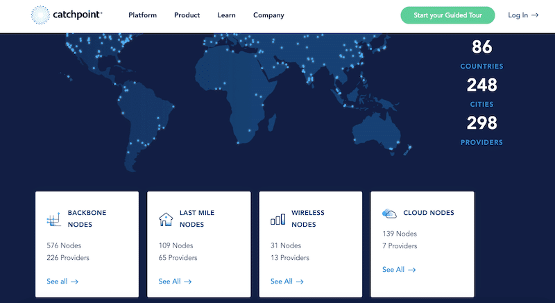 Catchpoint offers in-depth monitoring from a global network of +850 nodes