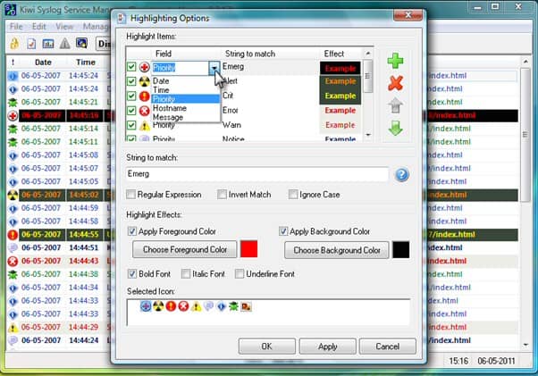 kiwi sylog server alerts and monitor screen