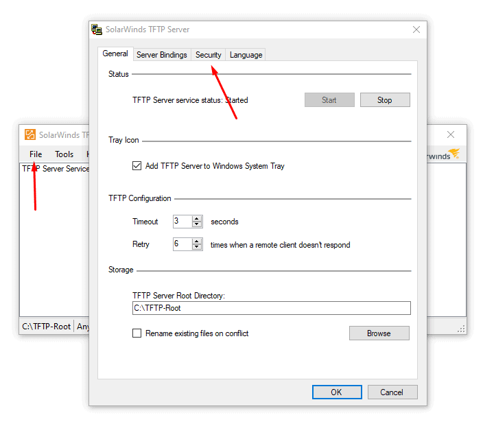 configure IP address restriction and file transfer types in the SolarWinds TFTP server