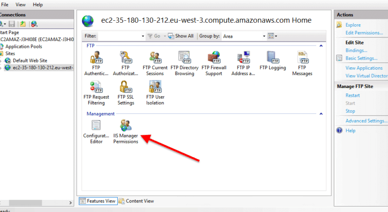 Go back to the FTP site features menu and open the IIS Manager Permissions