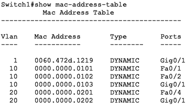 show mac address table sw1